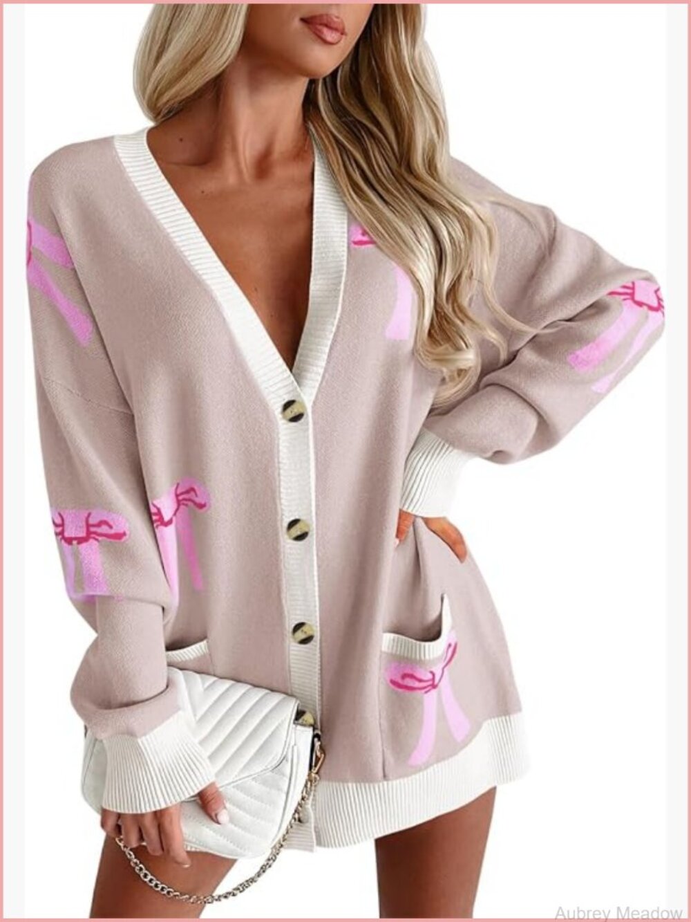 Oversized Bow Printed V Neck Long Sleeve Cardigan Sweater - Picture 1 of 7